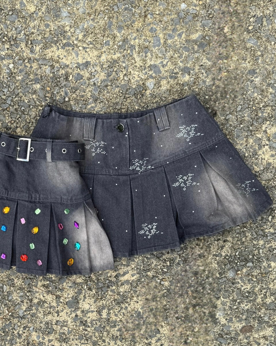 Star Rinestone Pleated Denim Skirt