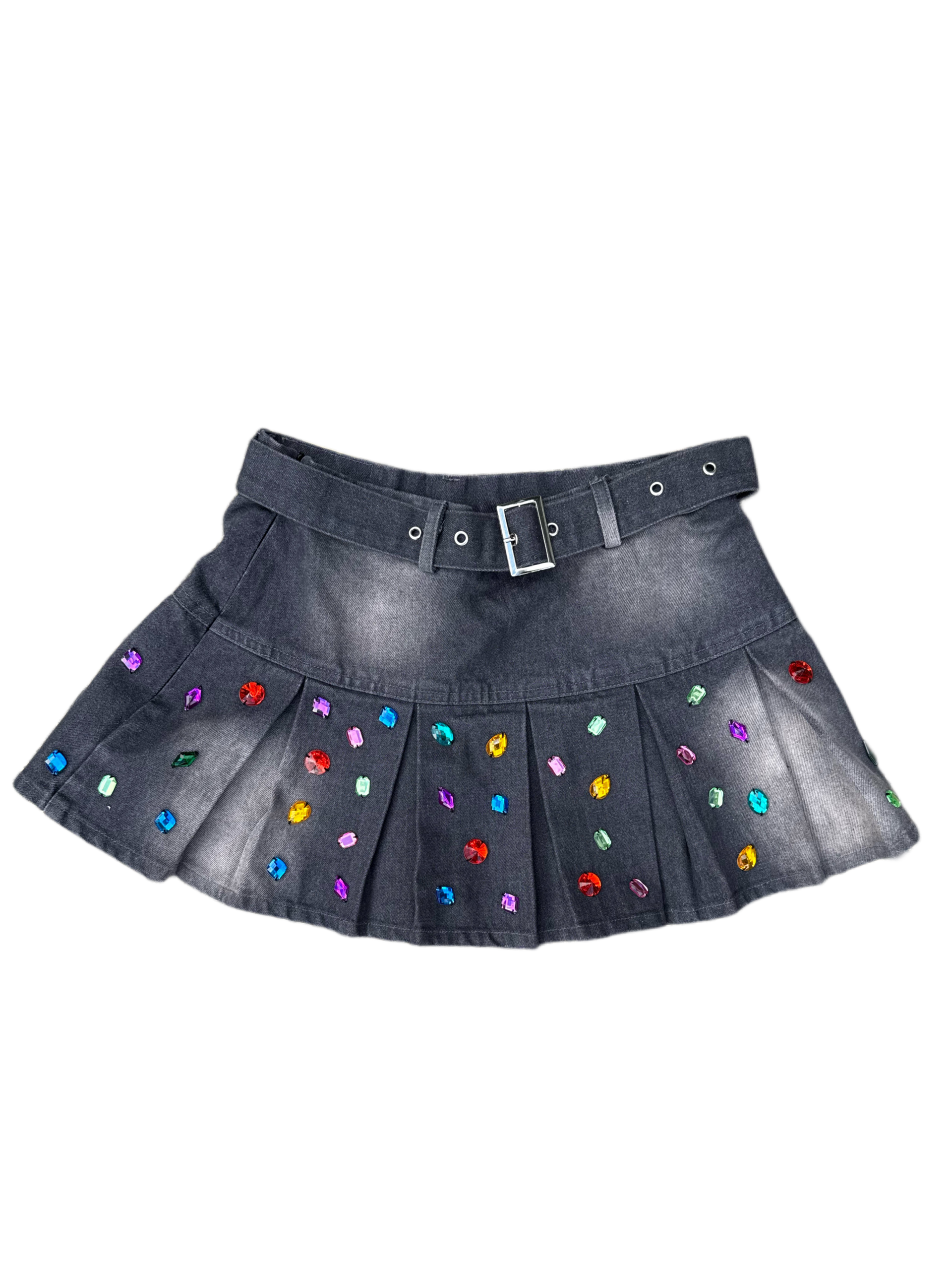 Multicolor Gemstone Pleated Denim Skirt