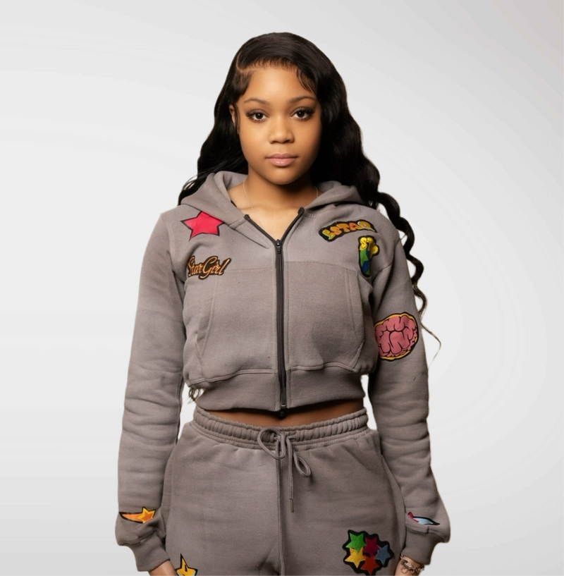 Grey Individual Embroidery Cropped Jacket